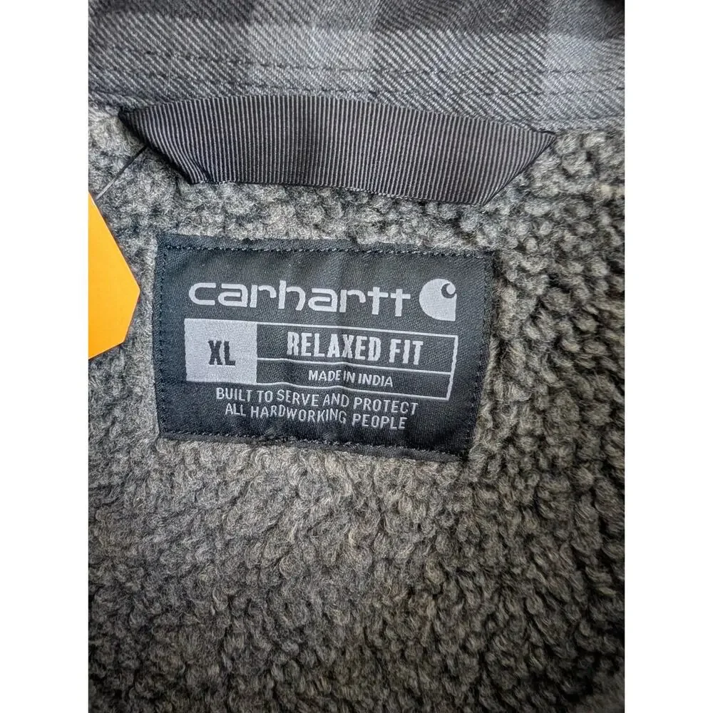 NWT Carhartt Shirt Jacket Men XL Shadow Black Plaid Sherpa-Lined Flannel Relaxed - Picture 3 of 6